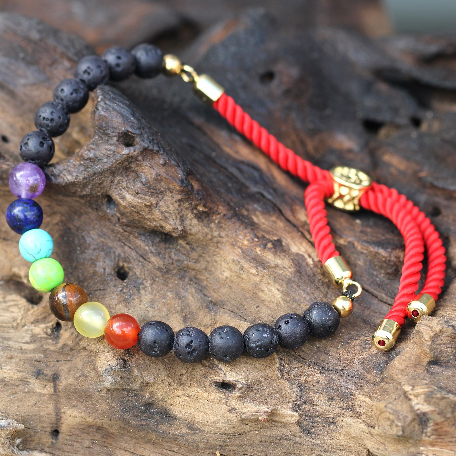 18K Gold Plated Gemstone Royal String Bracelet - Lava Stone Chakra - Image 2