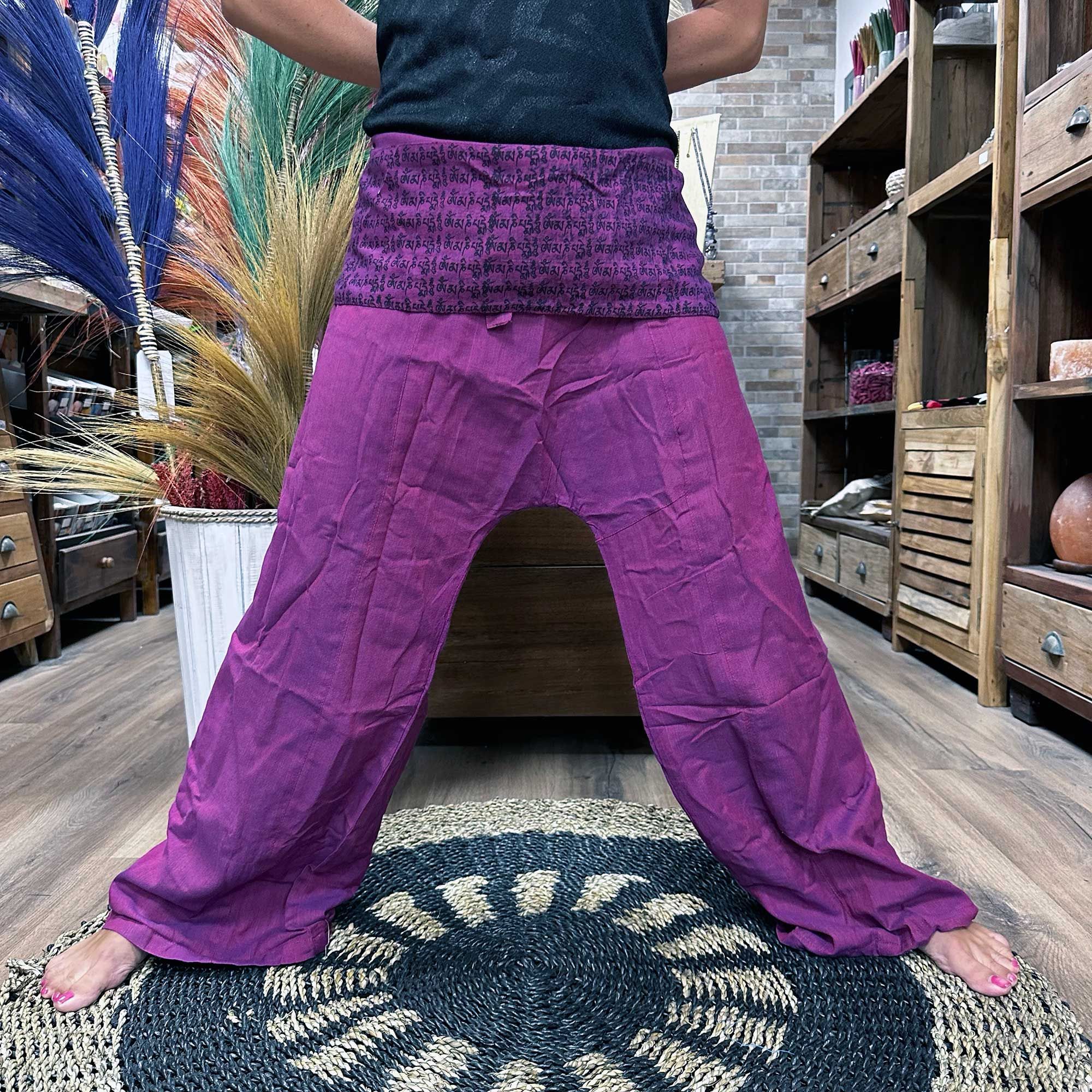 Yoga and Festival Pants - Thai Fisherman Mandala Mantra on Purple - Image 2