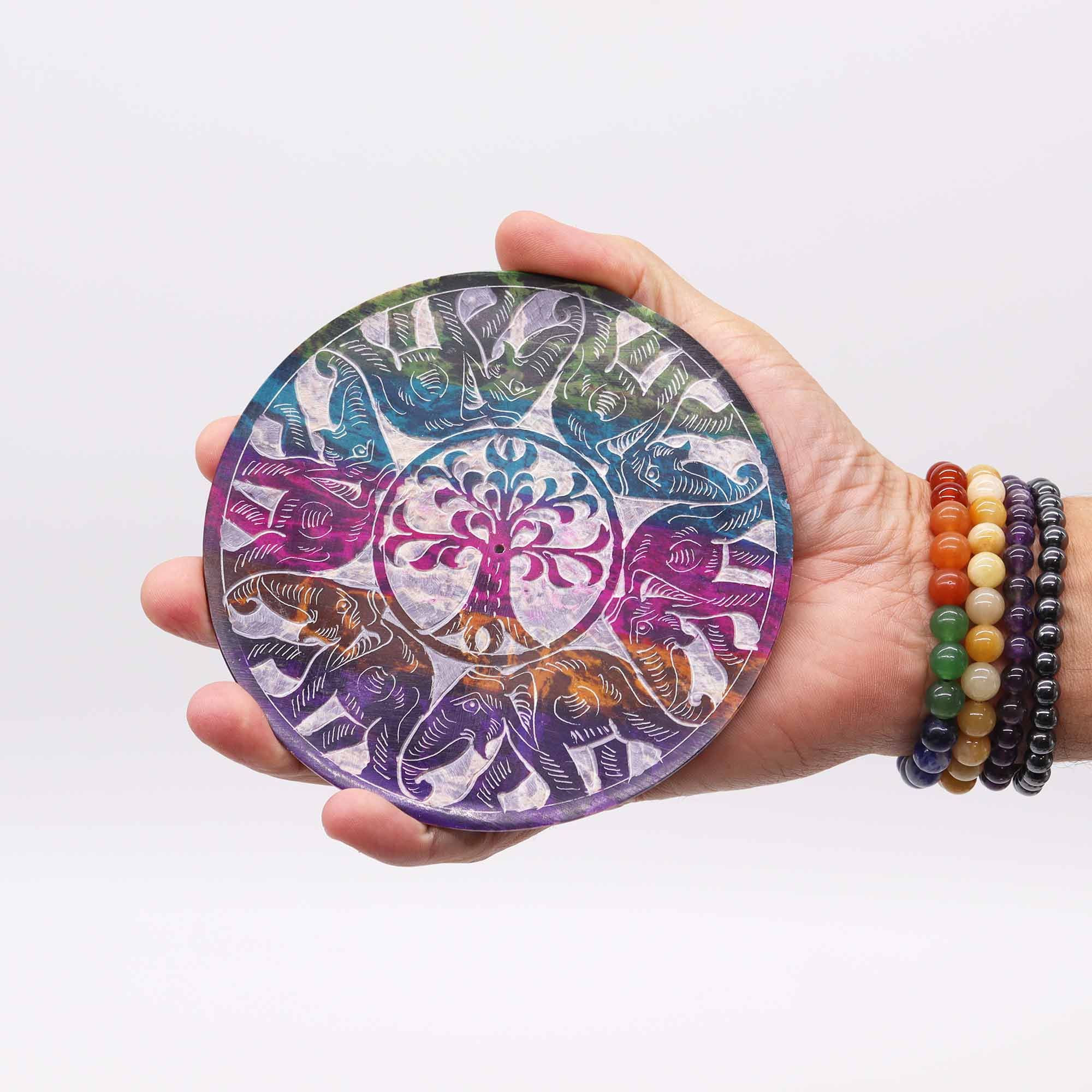 Soapstone Disc Incense Holder - 6 Lucky Elephants - Image 3