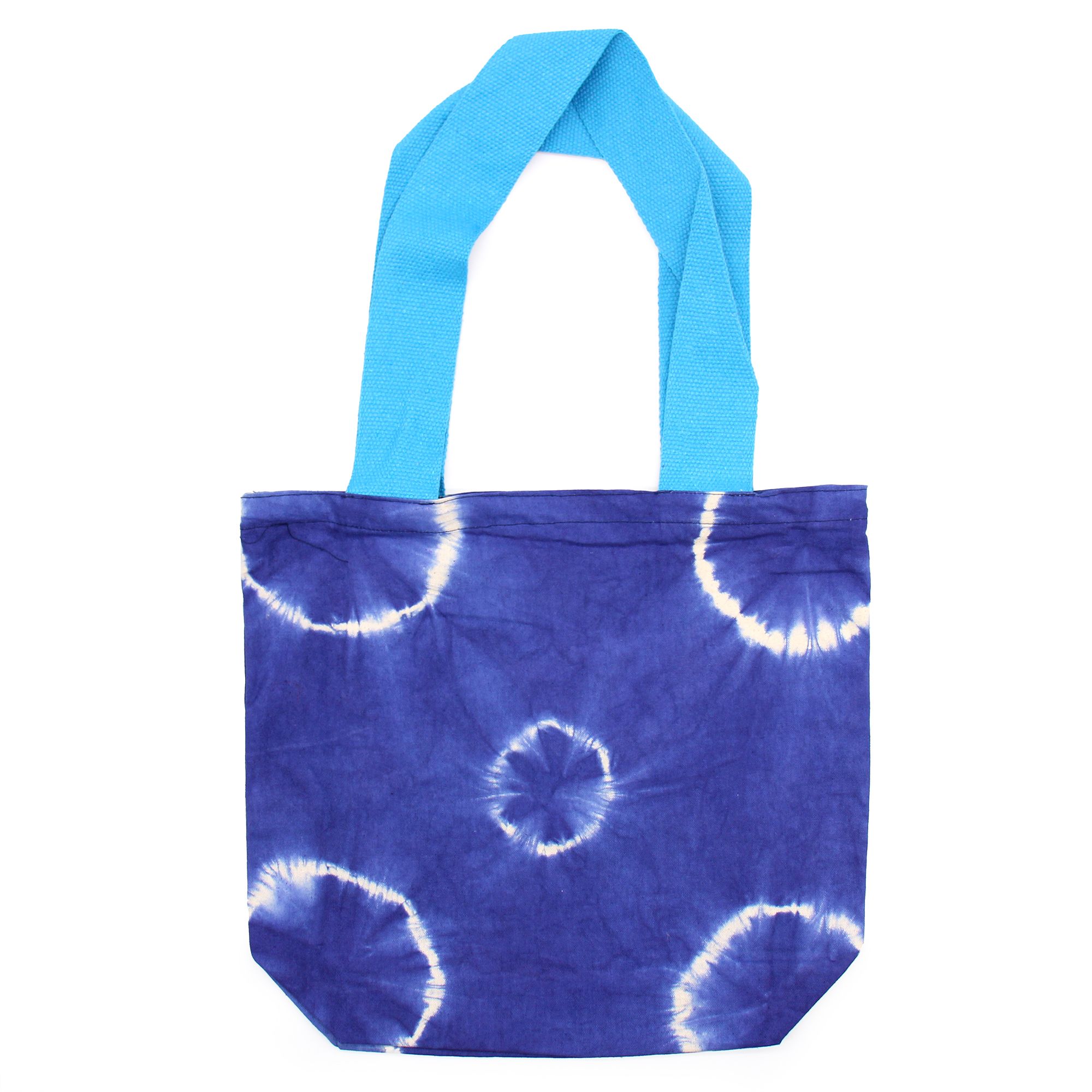 Natural Tye-Dye Cotton Bag (8oz) - 38x42x12cm - Blue Rings - Blue Handle - Image 3