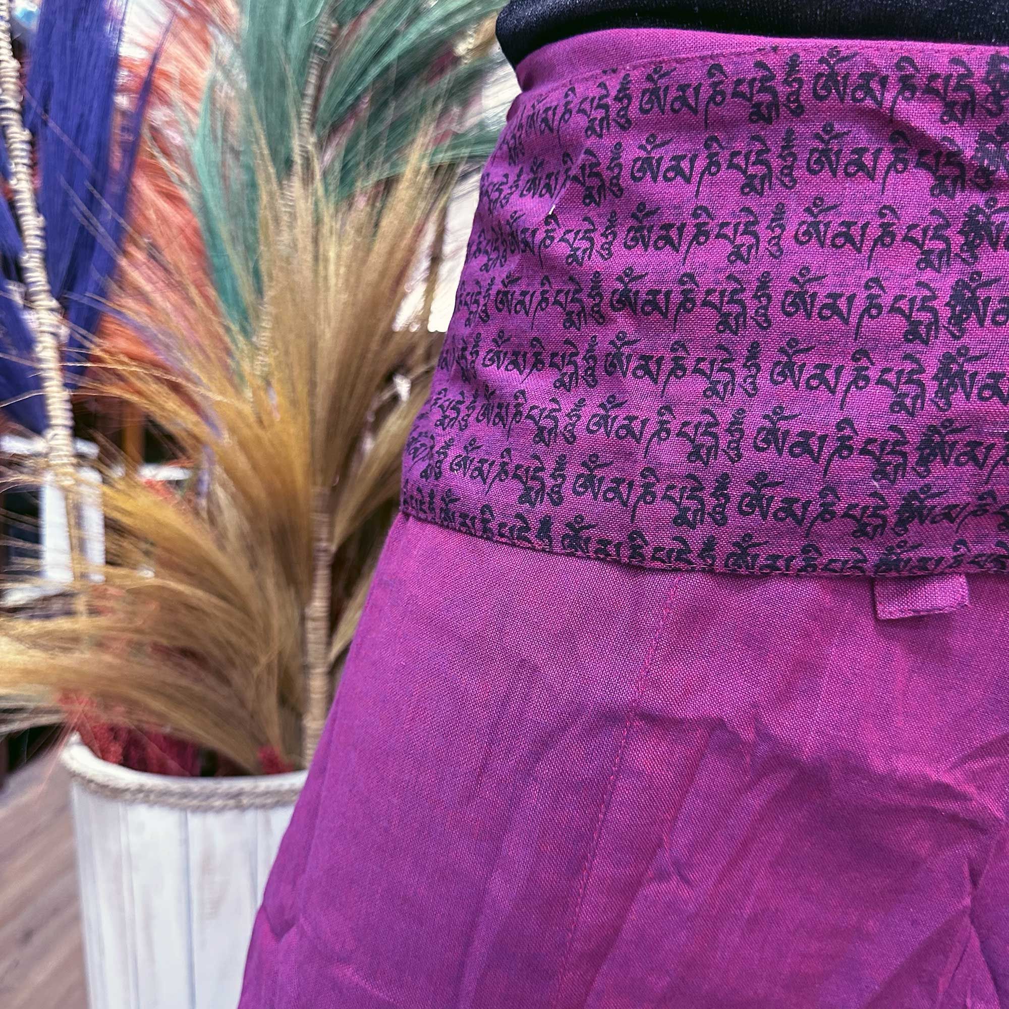 Yoga and Festival Pants - Thai Fisherman Mandala Mantra on Purple - Image 3