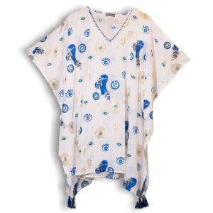 Nomad Sari On the Med Collection - Kaftan - White , Blue & Gold Evil Eye Design