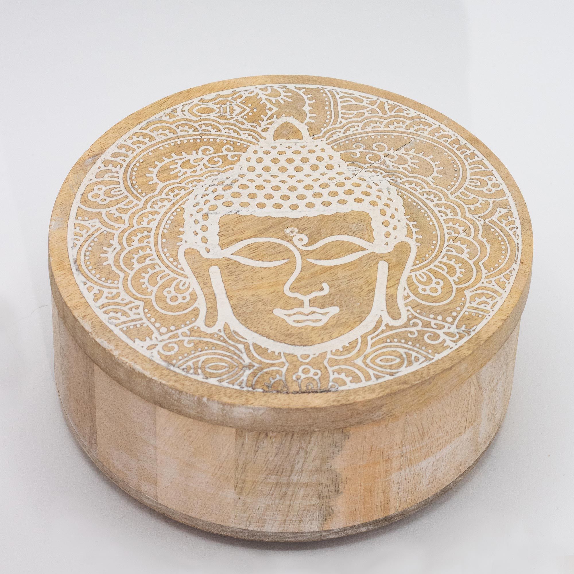 Big Round Box 17.5x7.5cm - Buddha Face Whitewash - Image 2