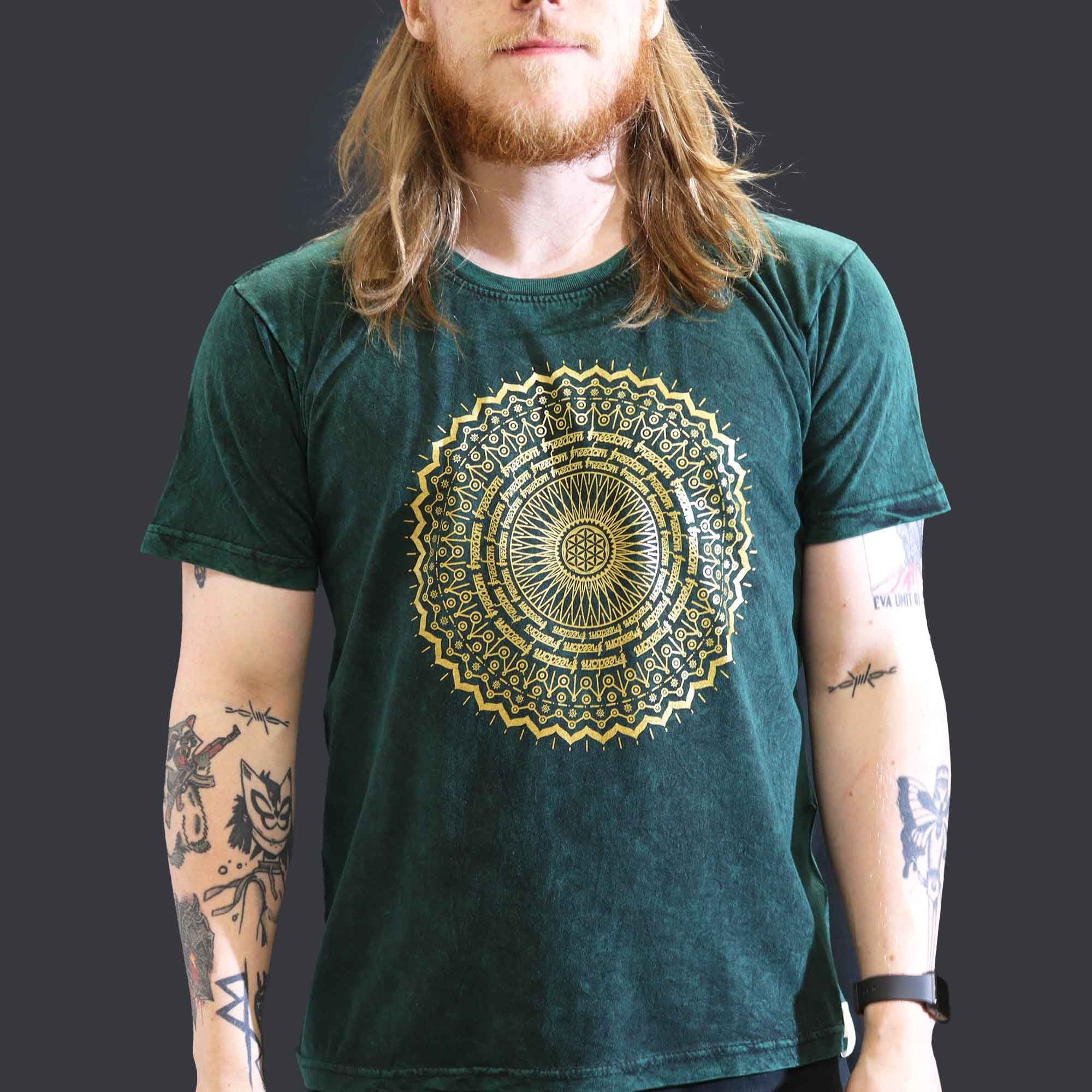 Large Stone Washed T-Shirt - Mandala - Green