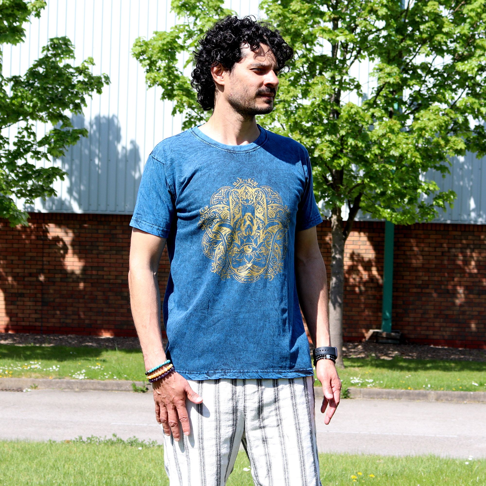 Medium Stone Washed T-Shirt - Hamsa - Blue - Image 3