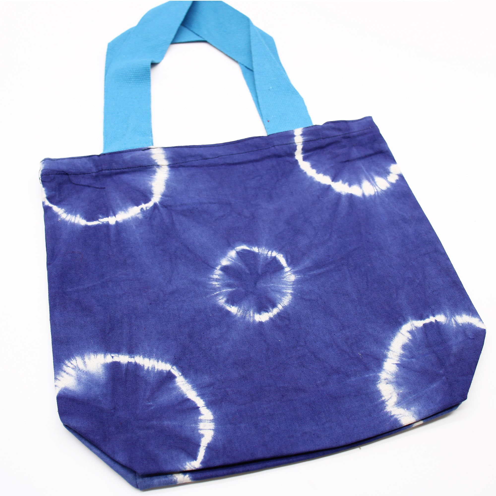 Natural Tye-Dye Cotton Bag (8oz) - 38x42x12cm - Blue Rings - Blue Handle - Image 2