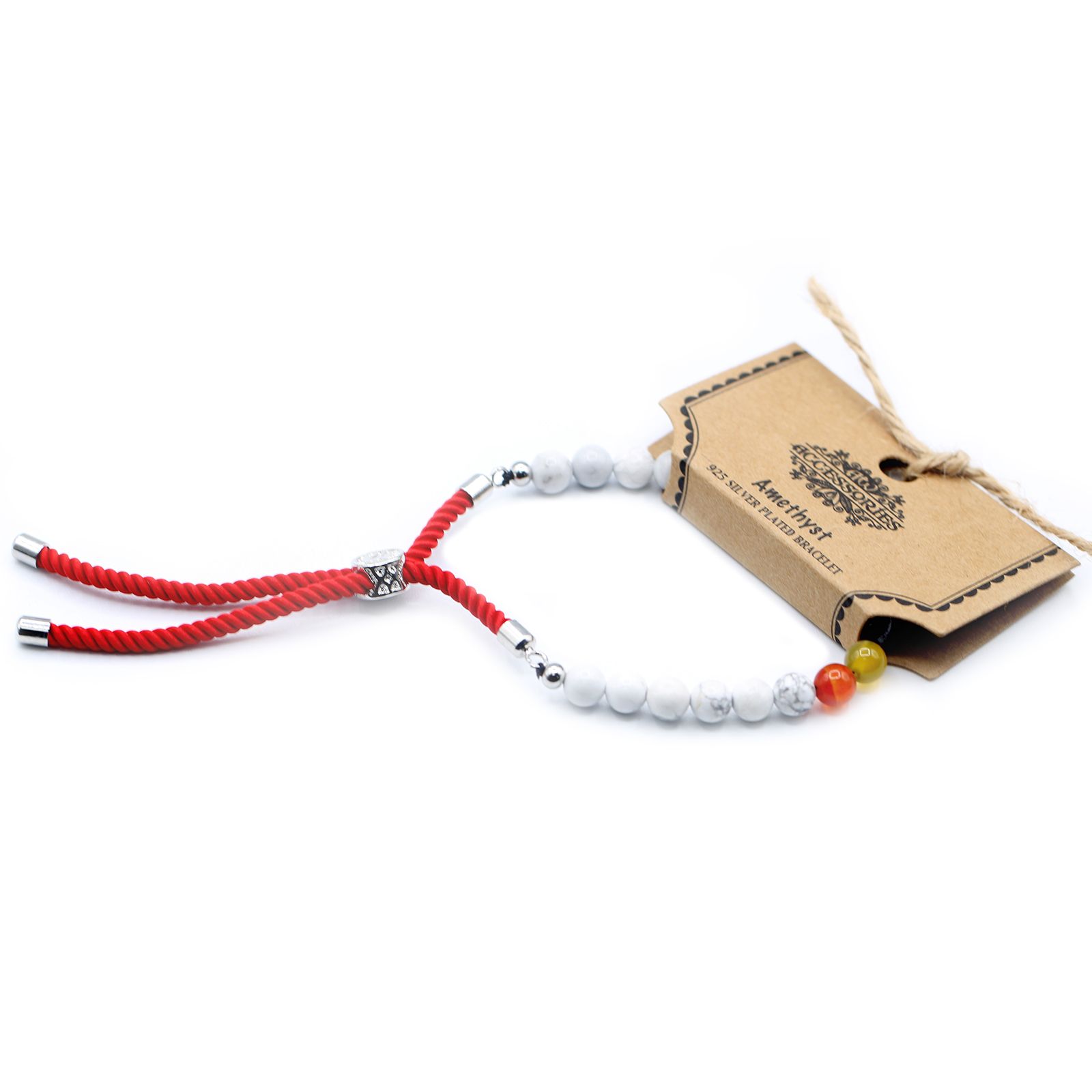 925 Silver Plated Gemstone Royal Red String Bracelet - White Howlite Chakra - Image 2
