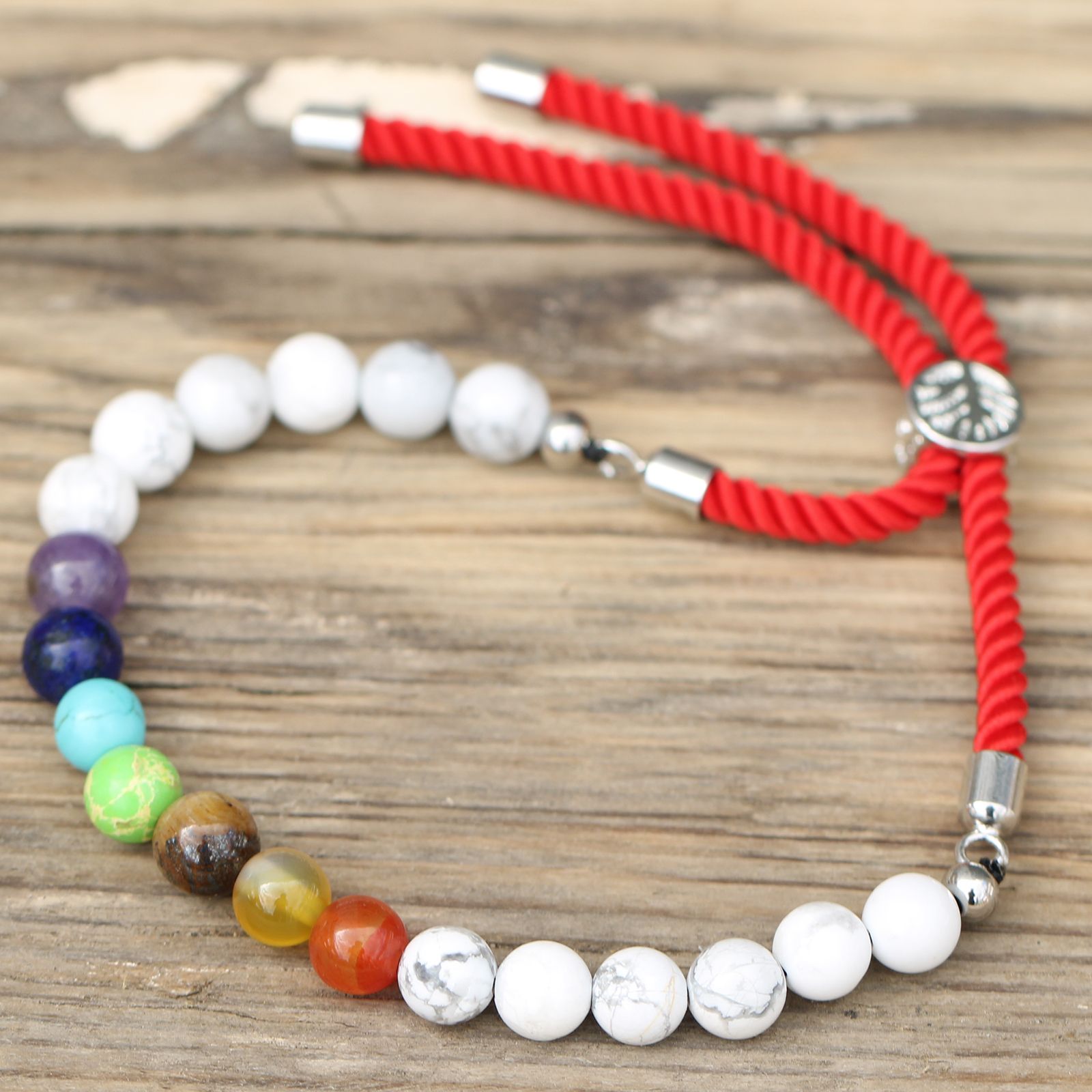 925 Silver Plated Gemstone Royal Red String Bracelet - White Howlite Chakra - Image 3