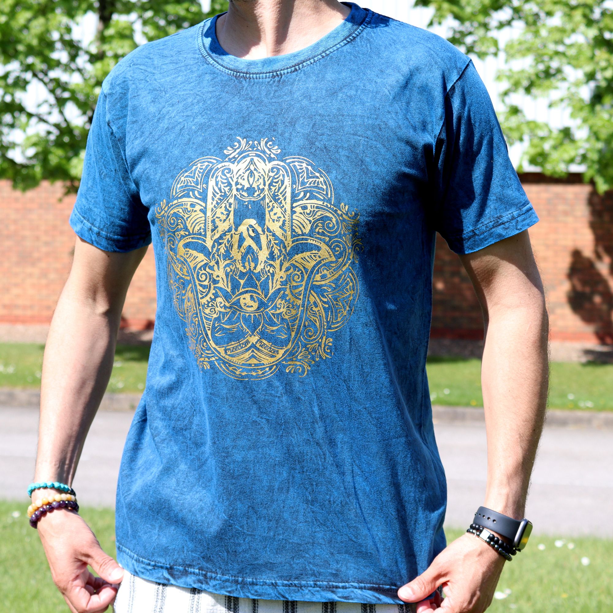 Medium Stone Washed T-Shirt - Hamsa - Blue - Image 5