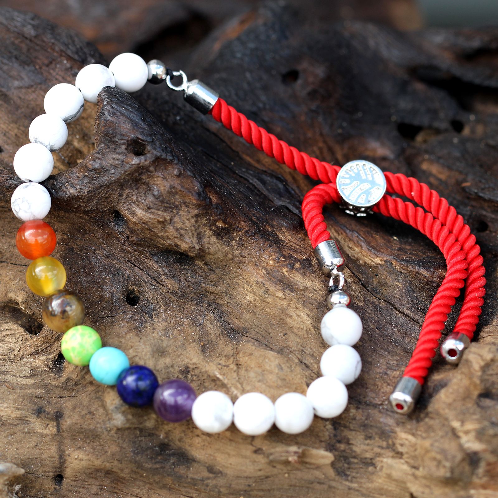 925 Silver Plated Gemstone Royal Red String Bracelet - White Howlite Chakra - Image 4