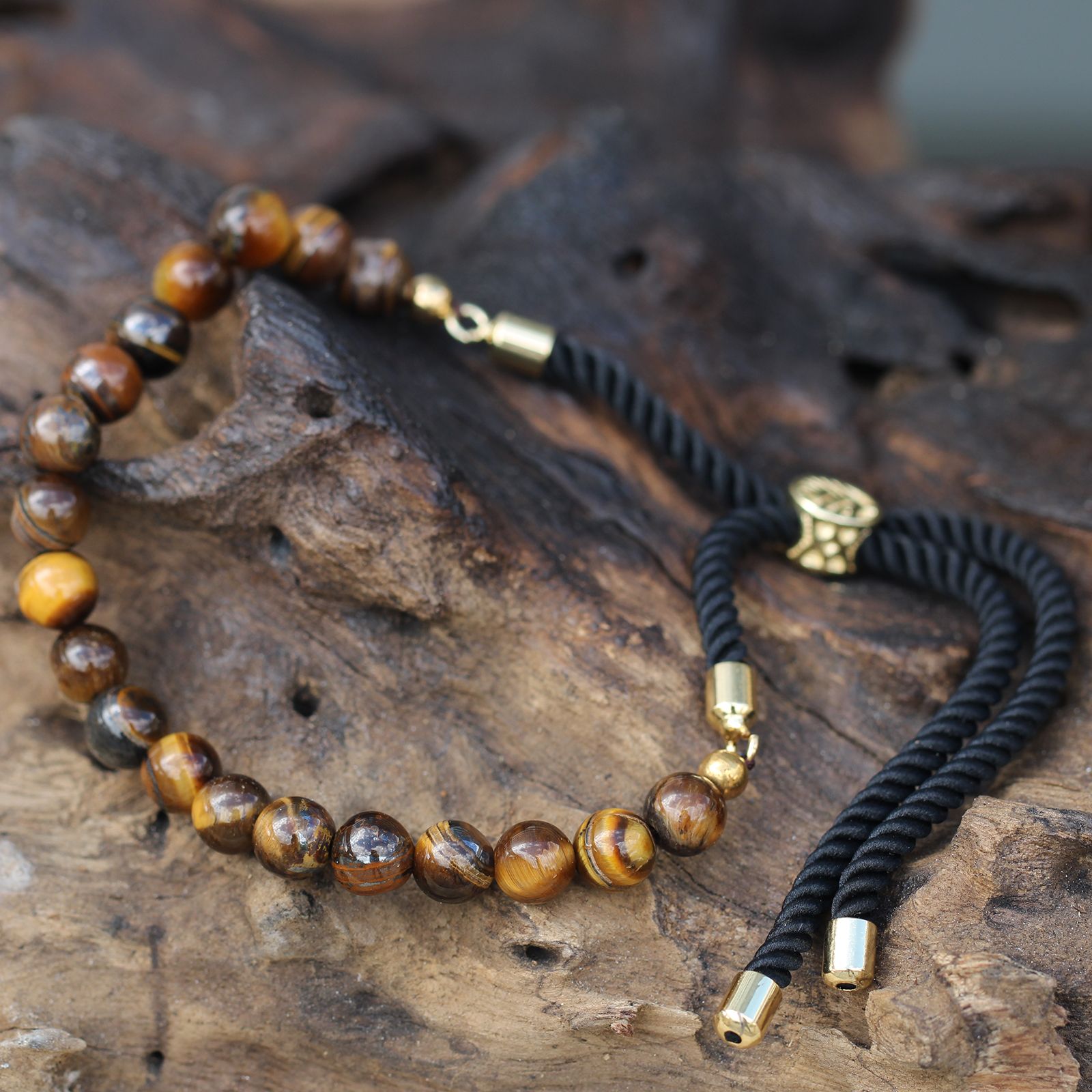 18K Gold Plated Gemstone Black String Bracelet - Tiger Eye - Image 4