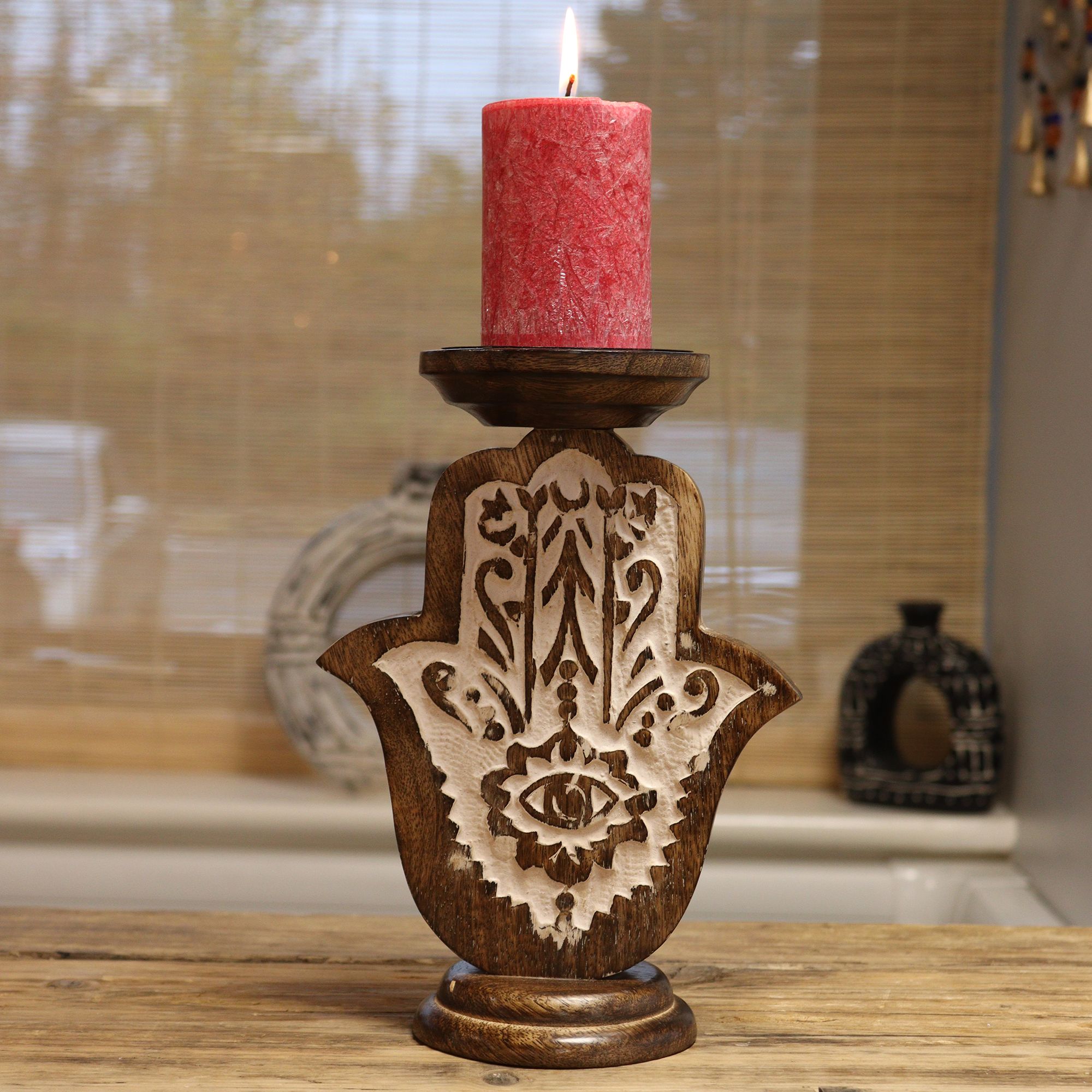 Mango Wood Candle Stand - Hamsa - Large - Image 5