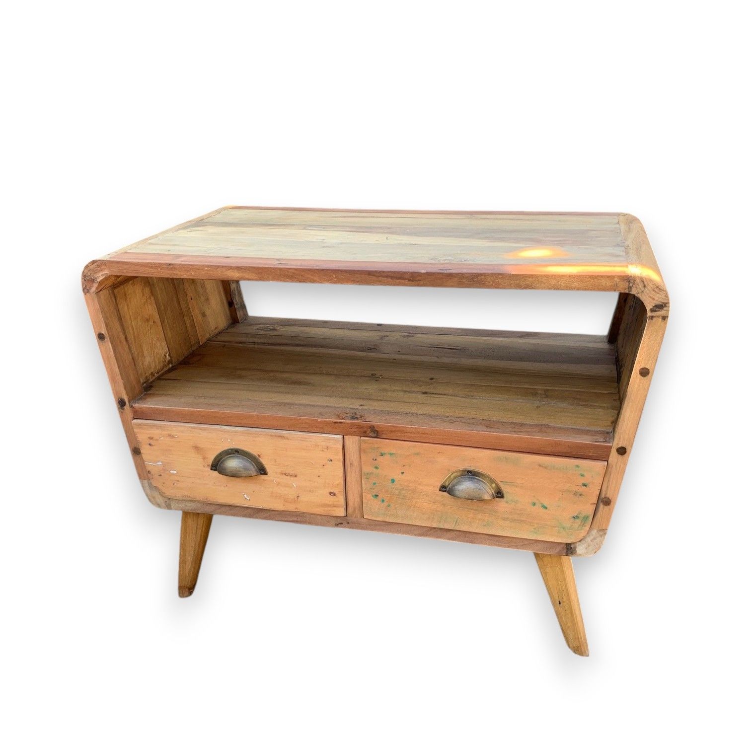 Small TV Stand with 2 Draws Round - Recycled Wood - Image 2