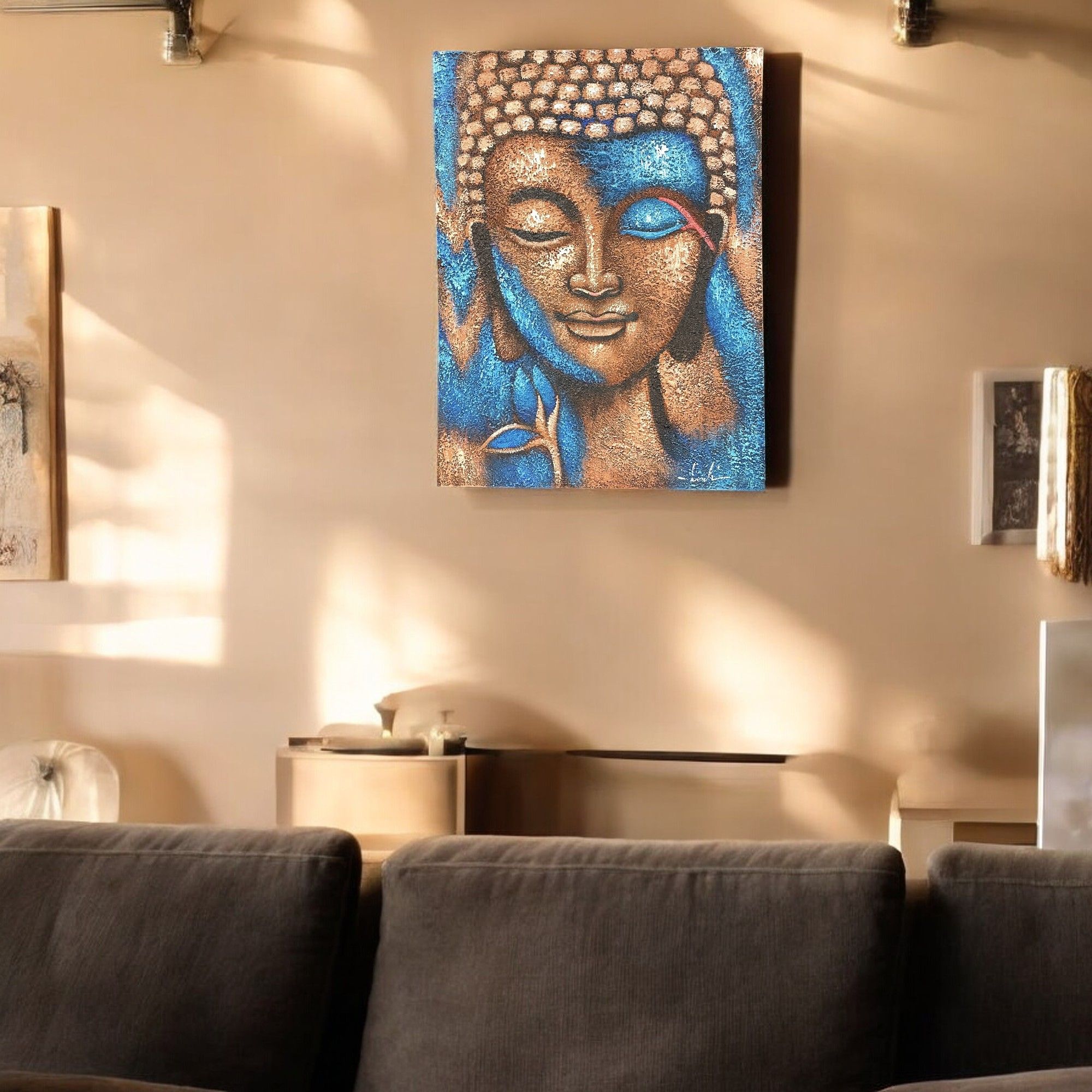Buddha Painting - Bronze & Blue Flower 75x55cm - Image 2