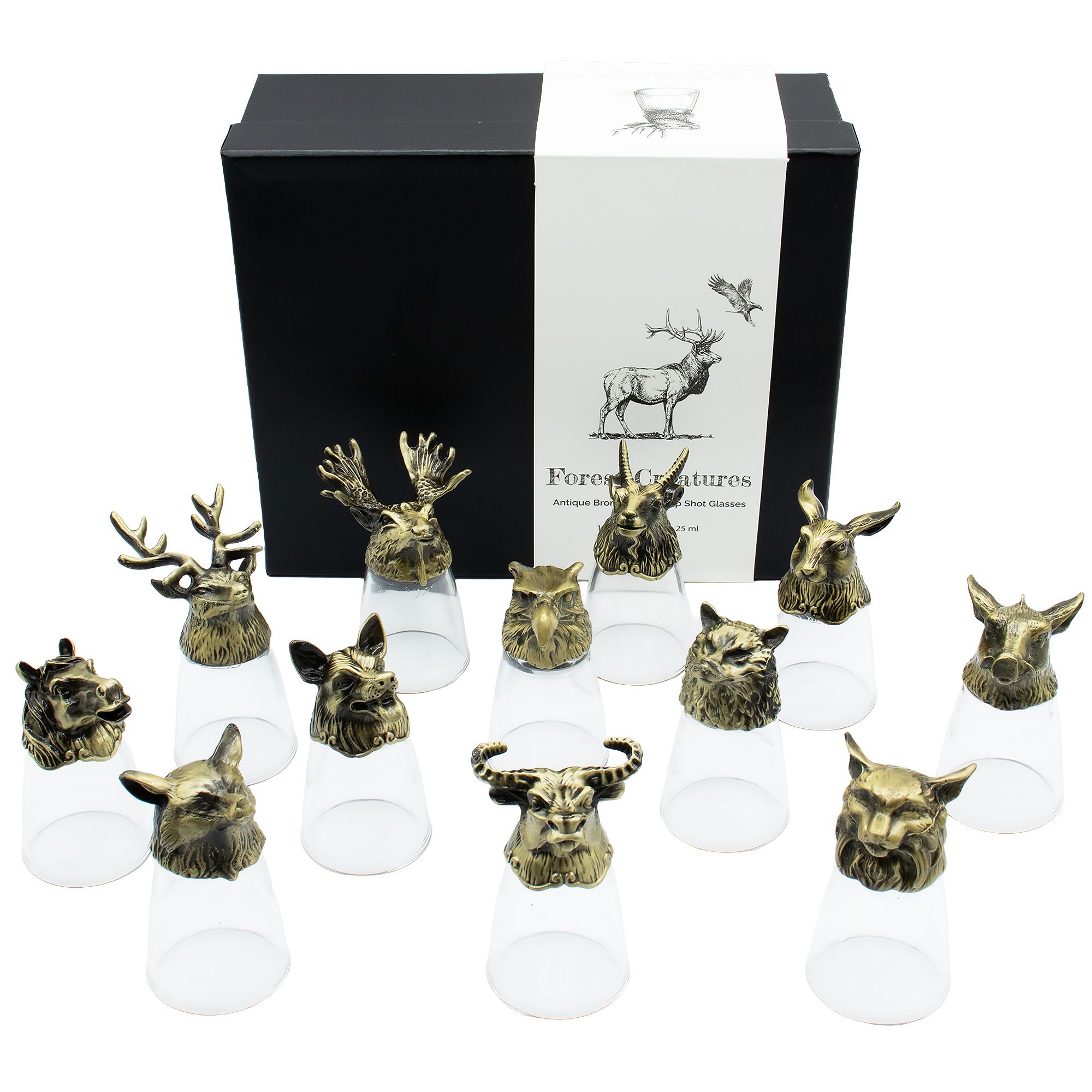 Gift Set of 12 Bottom Up Shot Glasses (25ml) - Forest & Mystical Creatures - Antique Bronze - Image 15