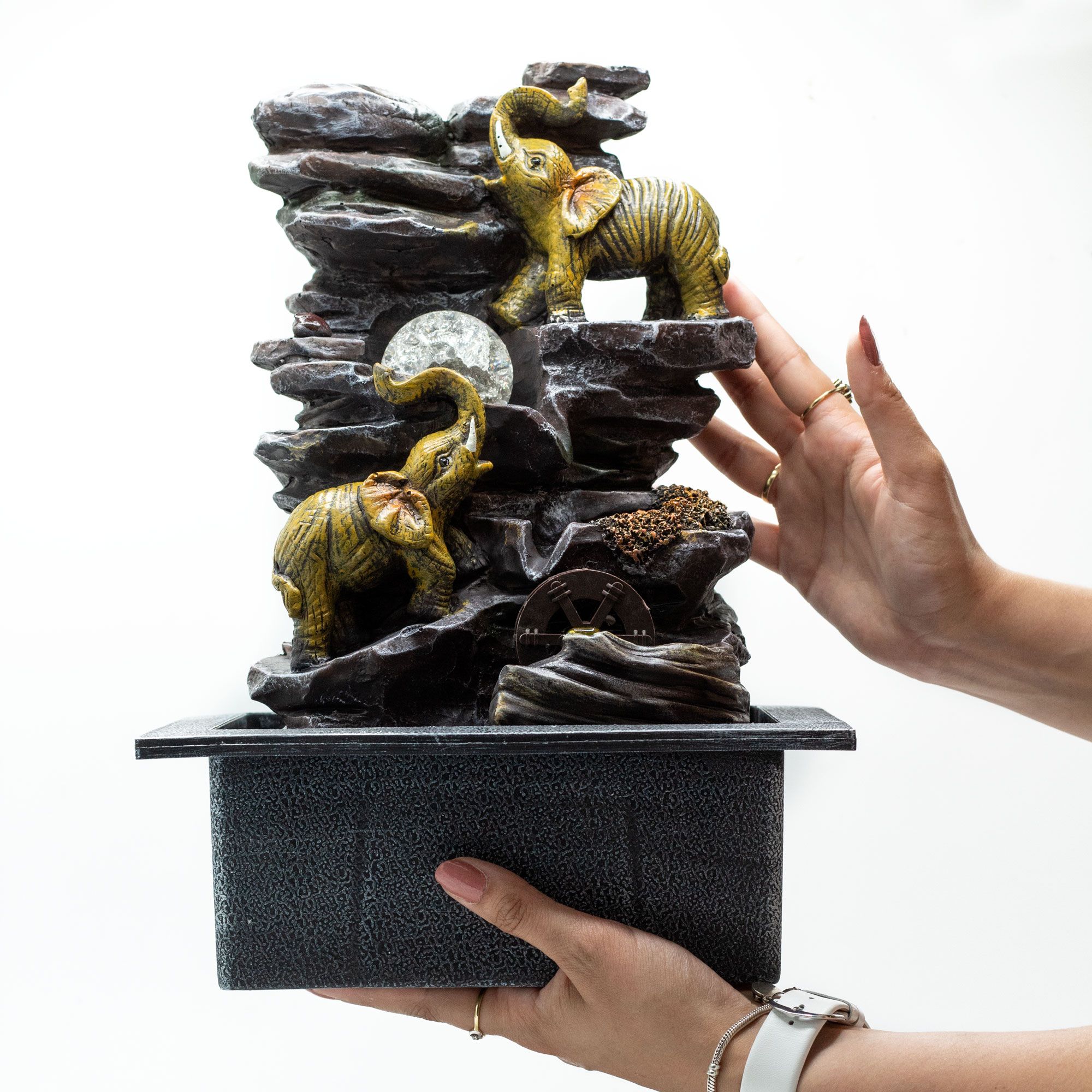 Tabletop Water Feature - 35cm - Elephants, Crystal Ball & Water Wheel - Image 2