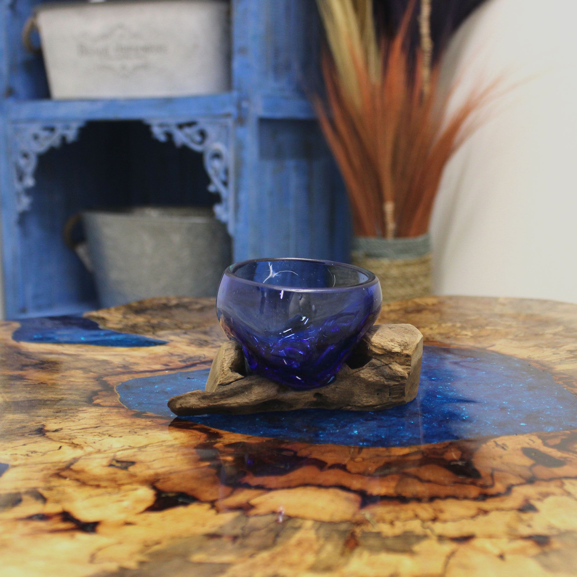 Molton Glass Mini Blue Bowl on Wood - Image 8