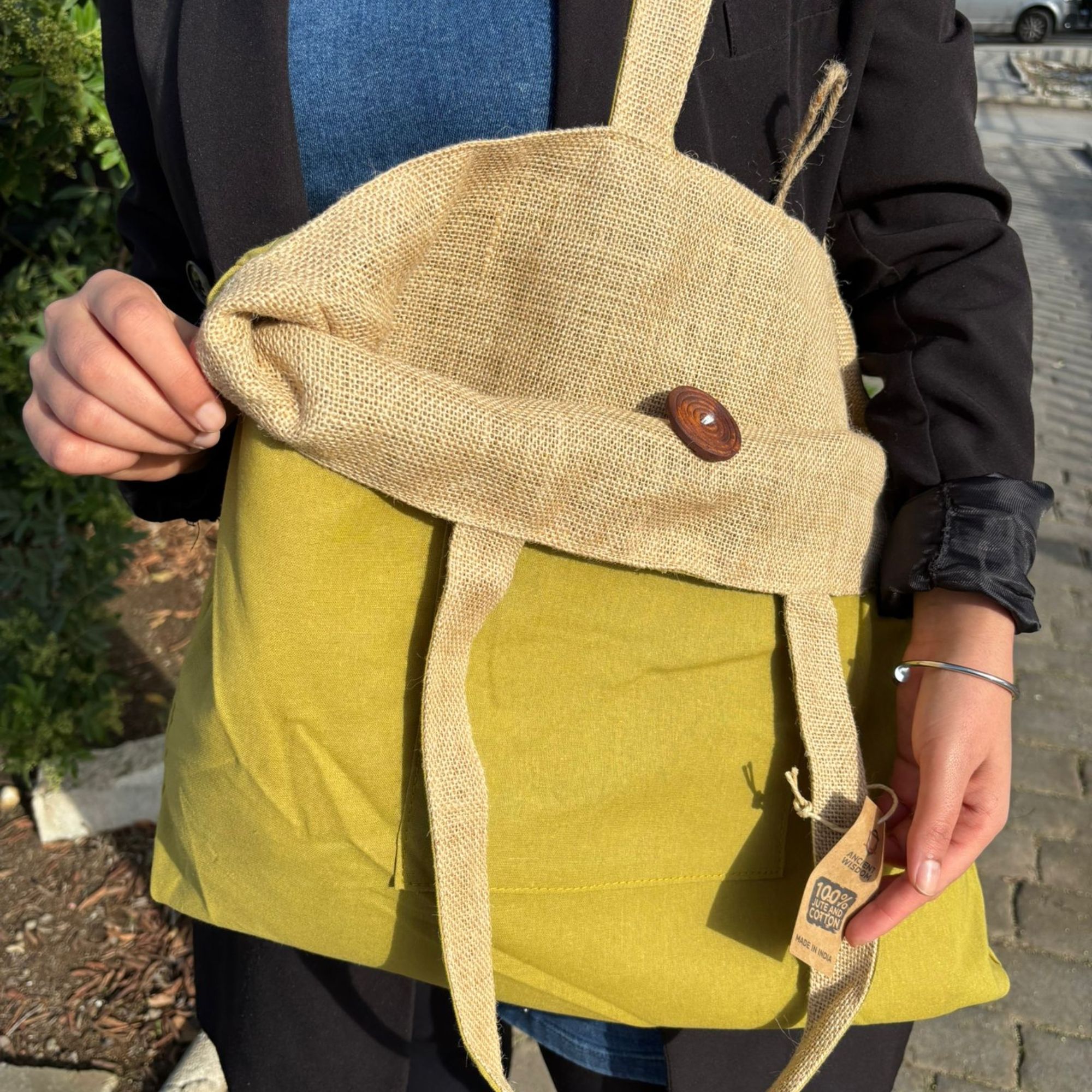 Jute & Cotton Reversible Big Bag - Pistachio - Image 2